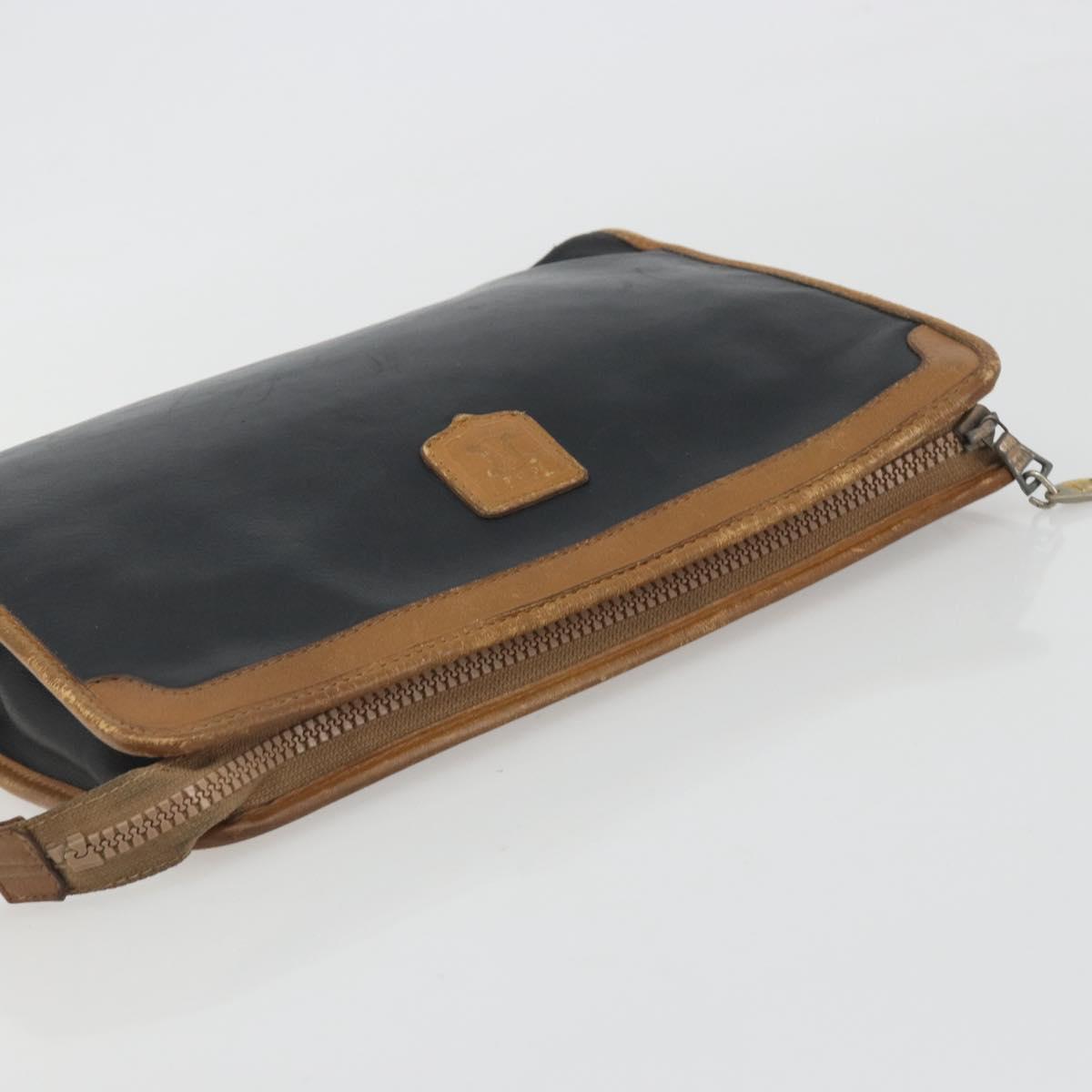 CELINE Clutch Bag Leather Black Gold Tone Auth ep15267