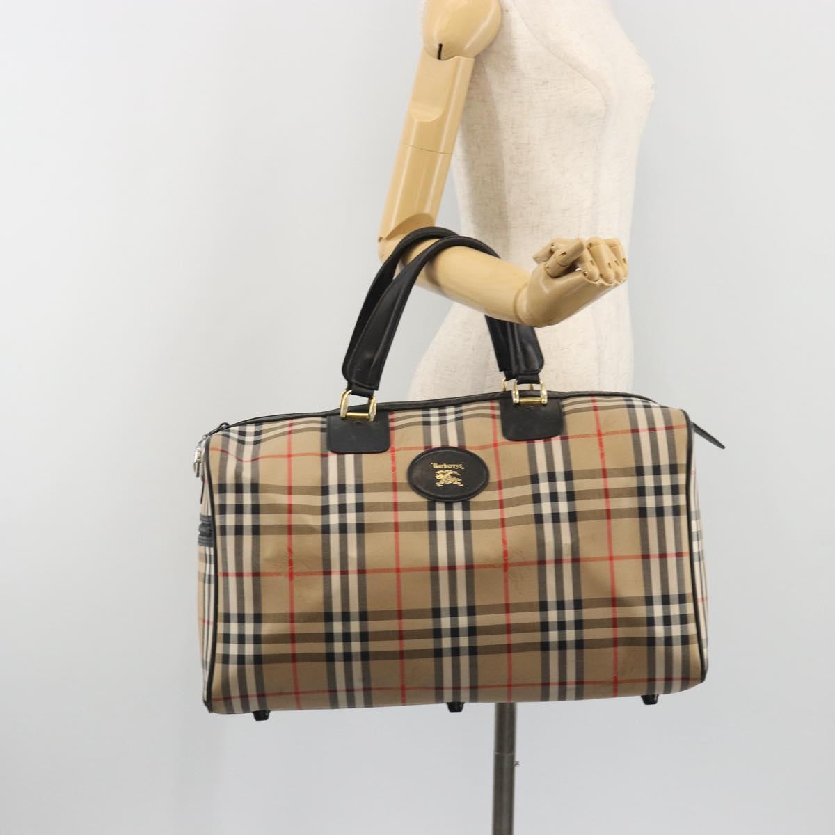 Burberrys Nova Check Boston Bag Canvas Beige Black Auth ep15288