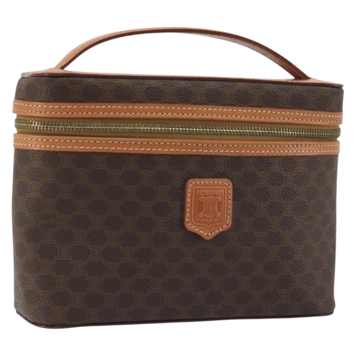 CELINE Macadam Vanity Cosmetic Pouch PVC Leather Brown Gold Tone Auth ep15314A