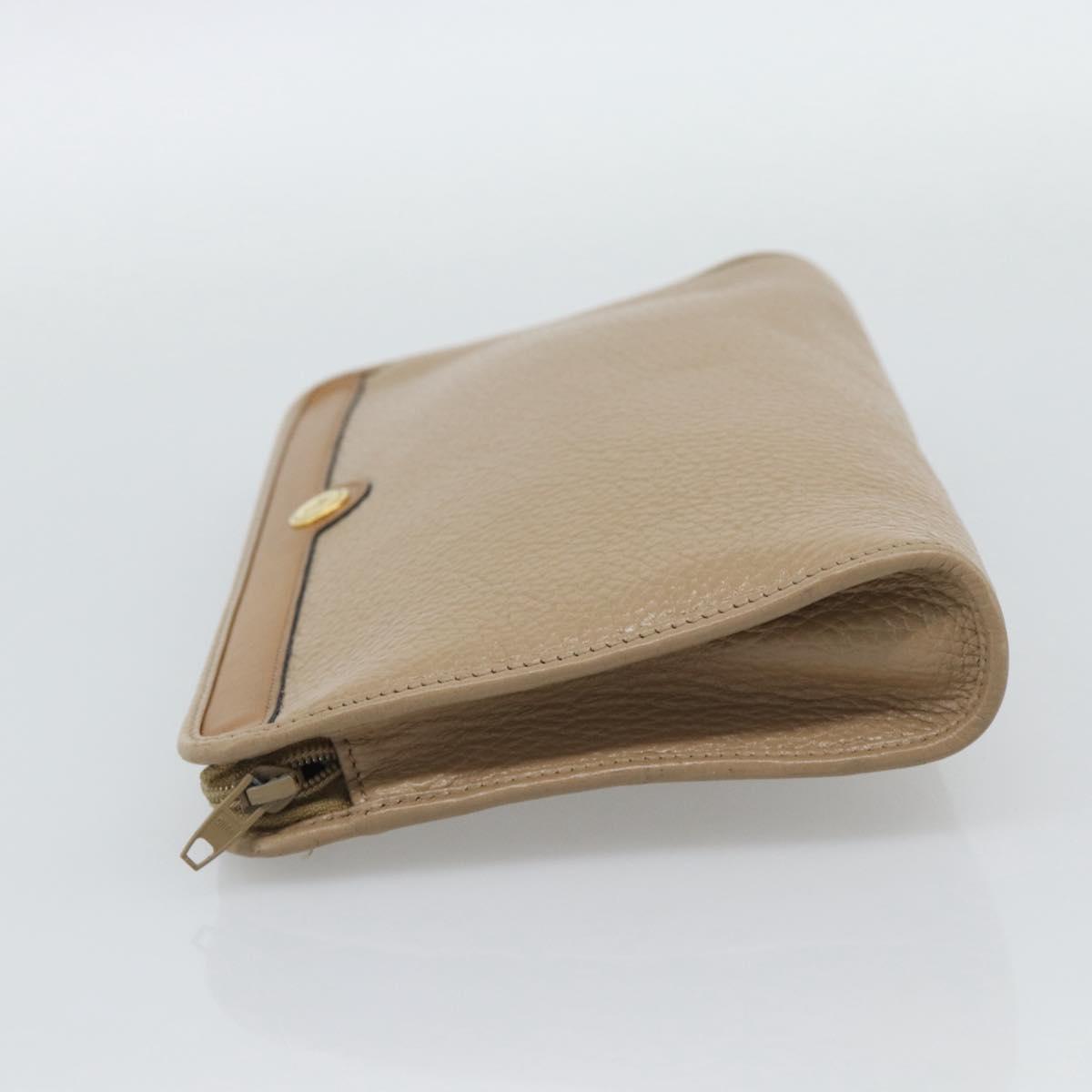Christian Dior Clutch Bag Leather Beige Gold Tone Auth ep15317