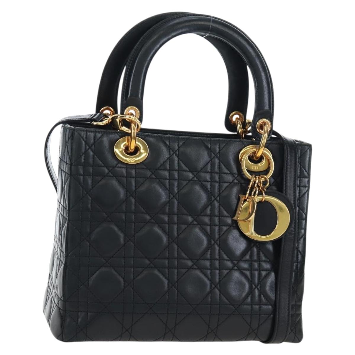 Christian Dior Canage Lady Dior Hand Bag Lamb Skin 2way Black Auth ep15345SAM