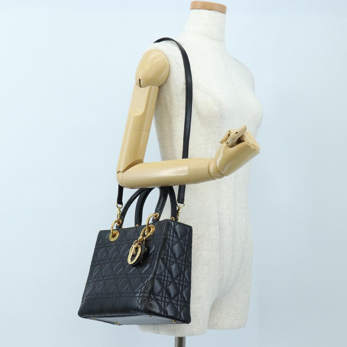 Christian Dior Canage Lady Dior Hand Bag Lamb Skin 2way Black Auth ep15345SAM