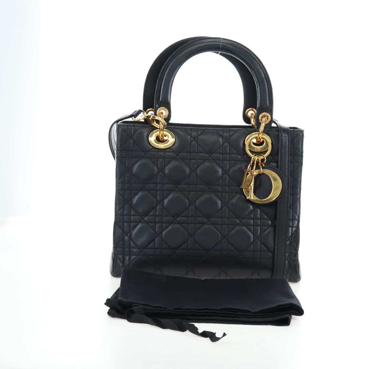 Christian Dior Canage Lady Dior Hand Bag Lamb Skin 2way Black Auth ep15345SAM
