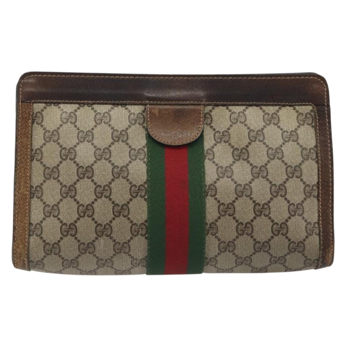 GUCCI GG Supreme Clutch Bag PVC Leather Beige Brown Auth ep15361