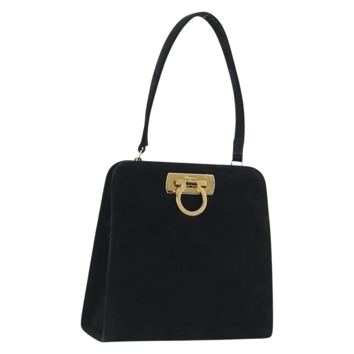 Salvatore Ferragamo Gancini Hand Bag Suede Black Gold Tone Auth ep15363A