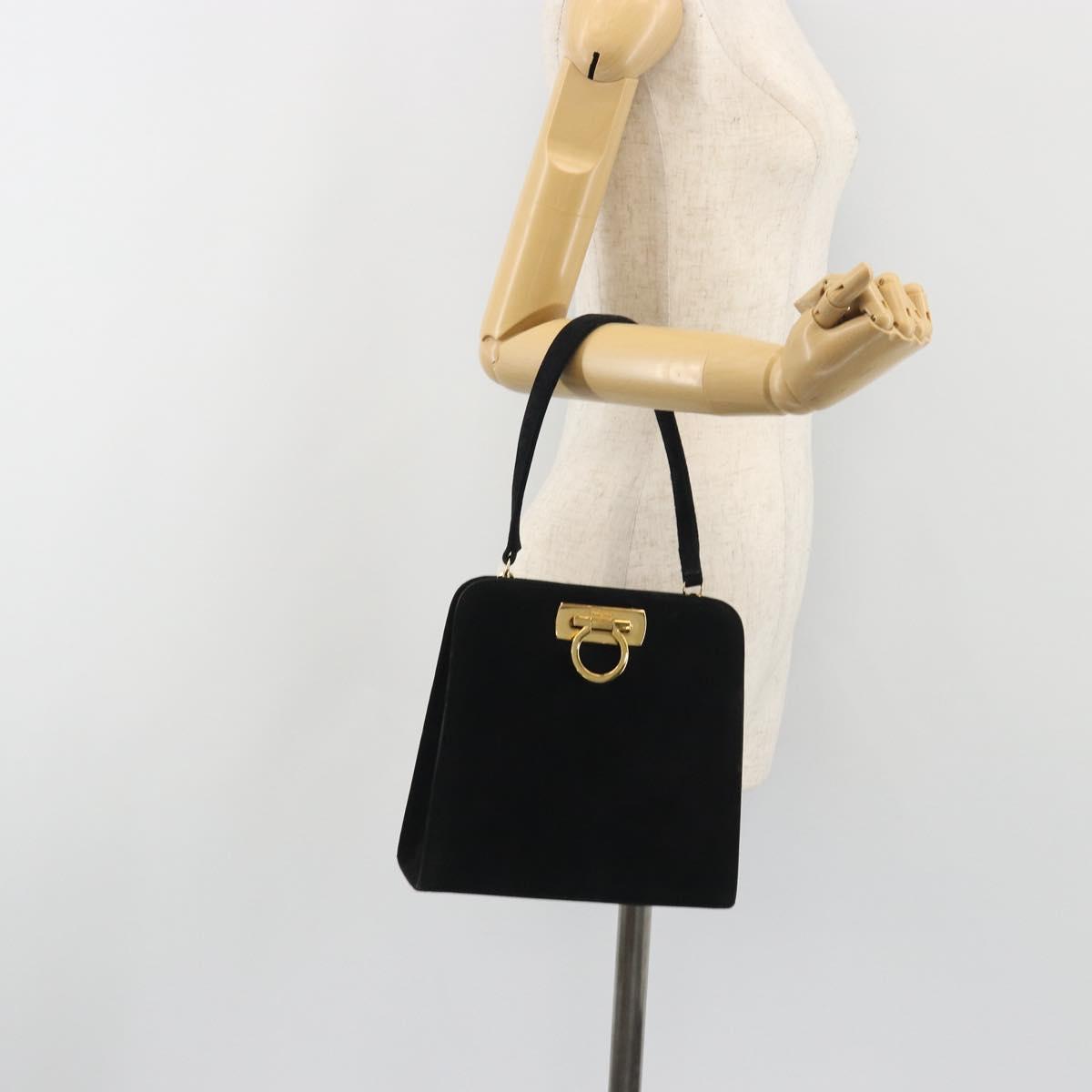 Salvatore Ferragamo Gancini Hand Bag Suede Black Gold Tone Auth ep15363A