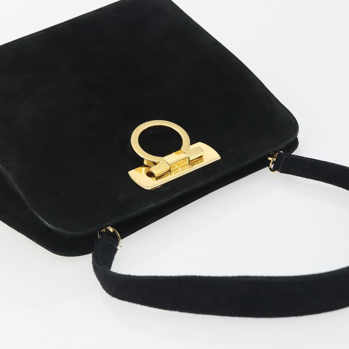 Salvatore Ferragamo Gancini Hand Bag Suede Black Gold Tone Auth ep15363A
