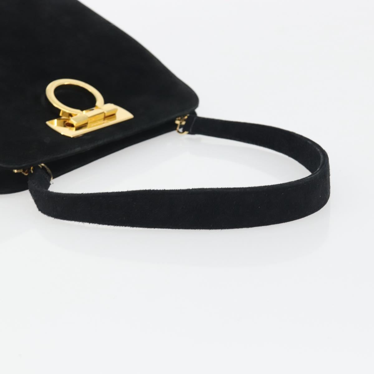 Salvatore Ferragamo Gancini Hand Bag Suede Black Gold Tone Auth ep15363A