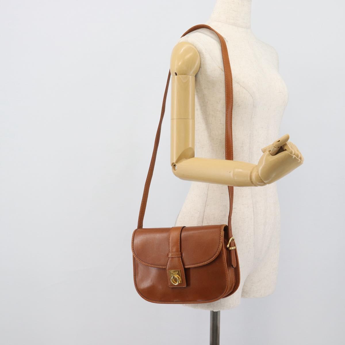CELINE Shoulder Bag Leather Brown Gold Tone Auth ep15367