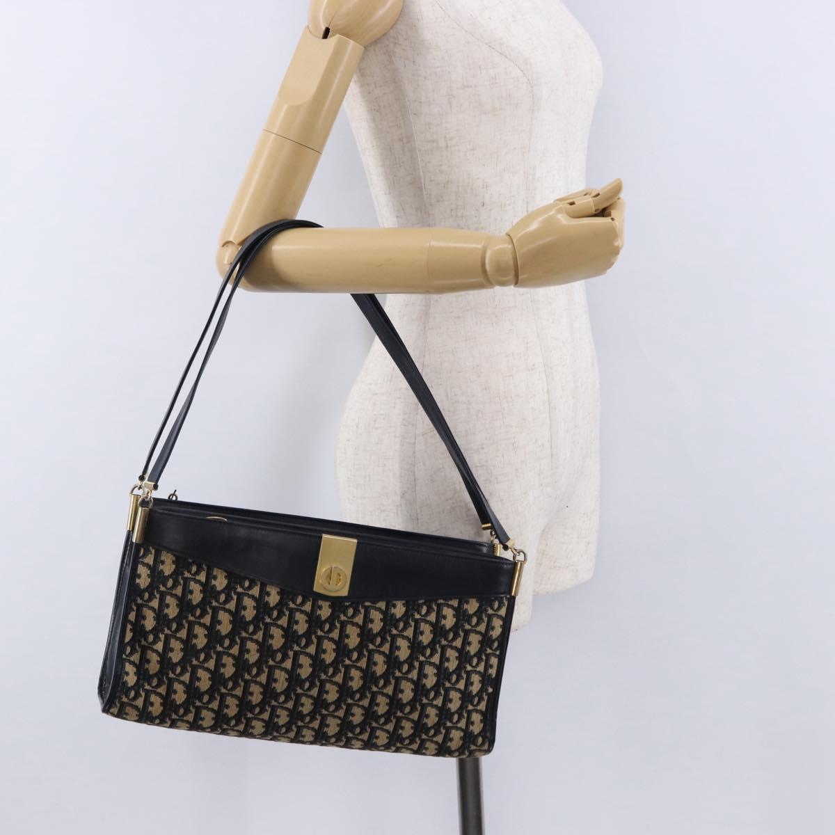 Christian Dior Trotter Canvas Shoulder Bag Navy Gold Tone Auth ep15368A