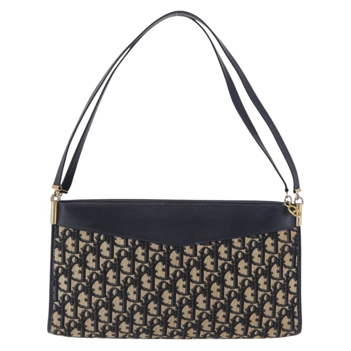 Christian Dior Trotter Canvas Shoulder Bag Navy Gold Tone Auth ep15368A