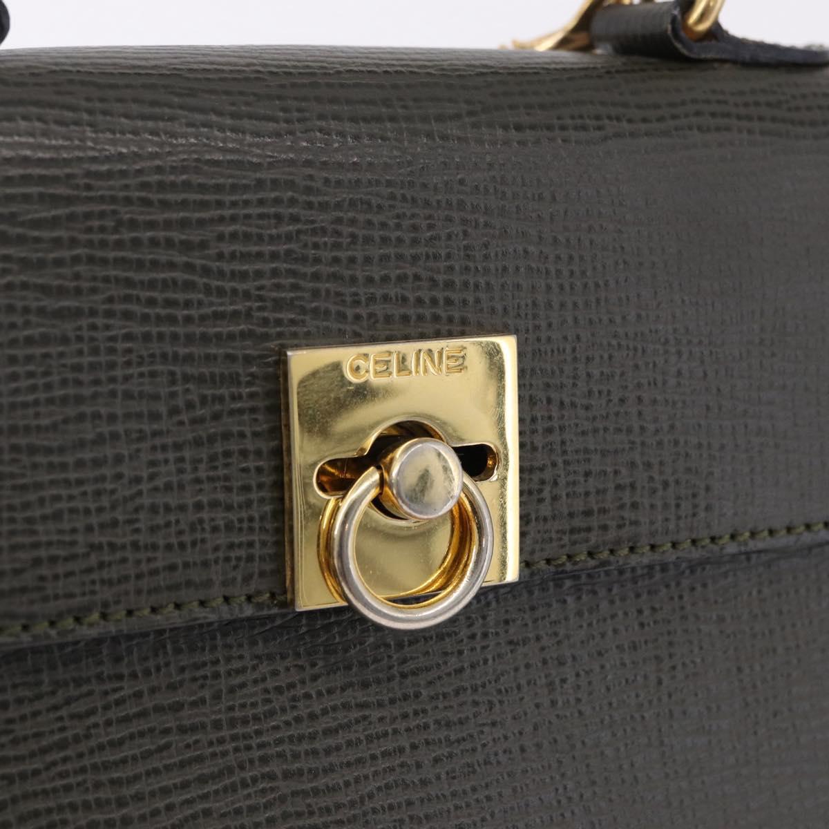CELINE Hand Bag Leather 2way Khaki Gold Tone Auth ep15377