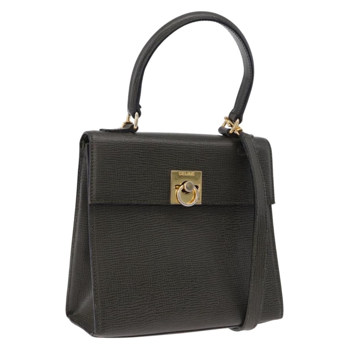 CELINE Hand Bag Leather 2way Khaki Gold Tone Auth ep15377