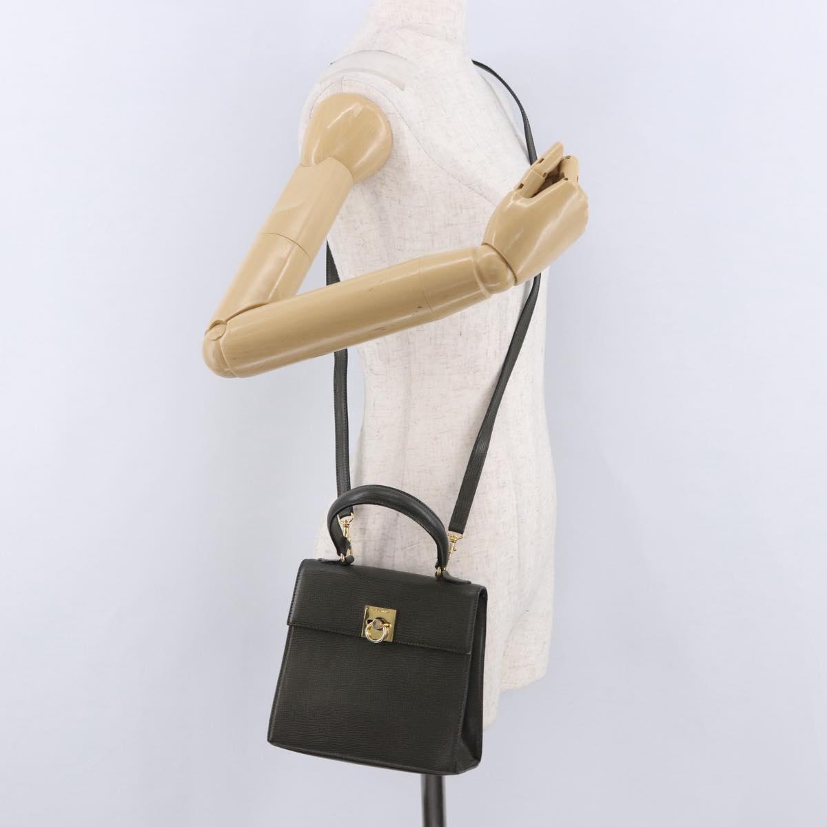 CELINE Hand Bag Leather 2way Khaki Gold Tone Auth ep15377