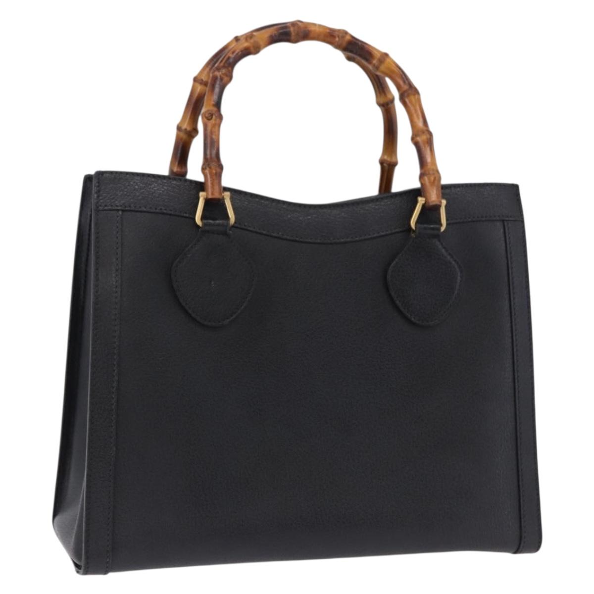 GUCCI Bamboo Hand Bag Leather Black Gold Tone Auth ep15386