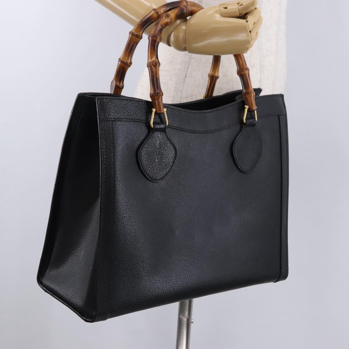 GUCCI Bamboo Hand Bag Leather Black Gold Tone Auth ep15386