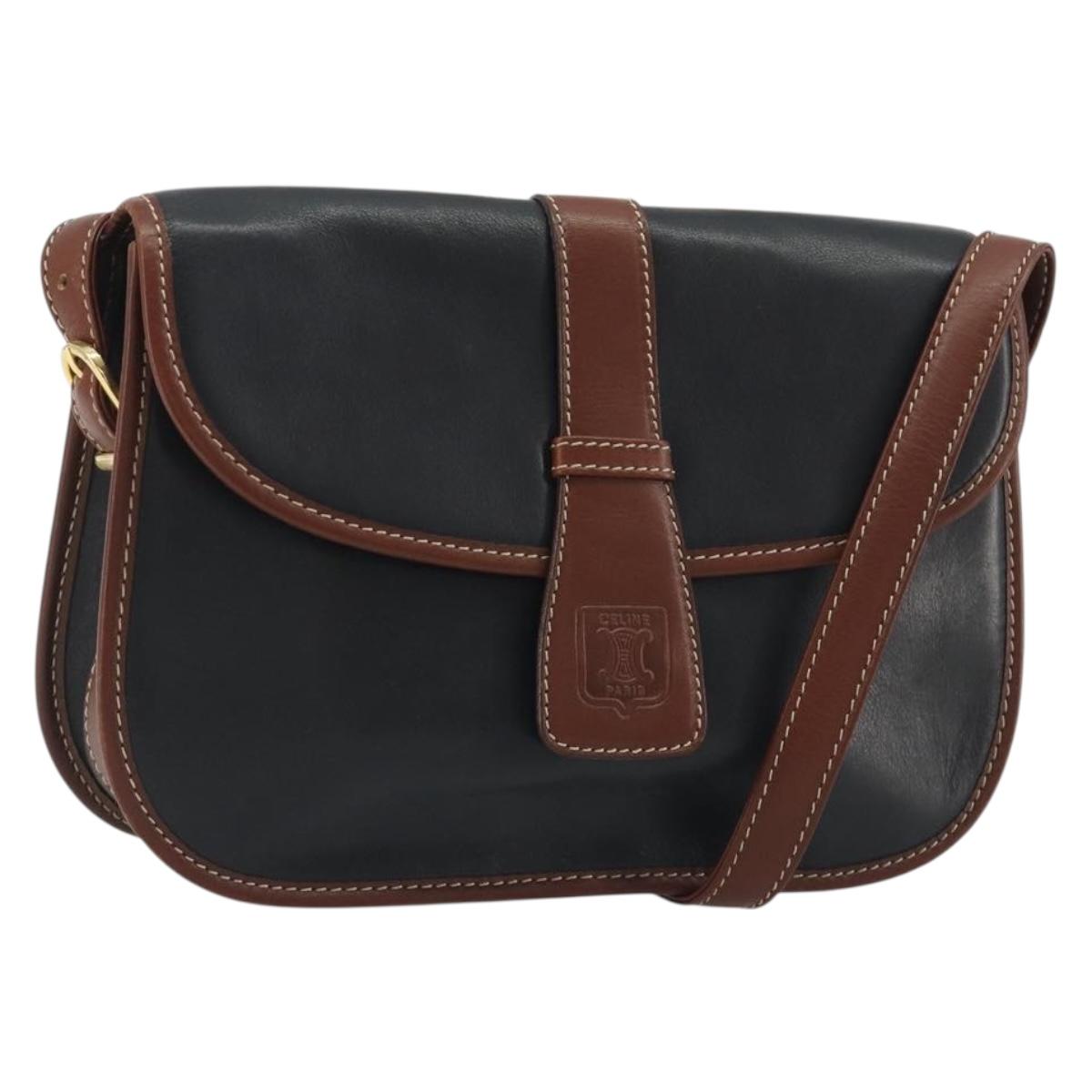 CELINE Shoulder Bag Leather Black Brown Auth ep15389