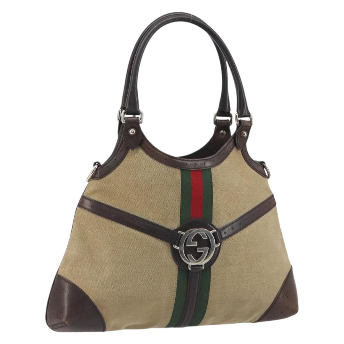 GUCCI Interlocking G Shoulder Bag Canvas Beige Silver Auth ep15409
