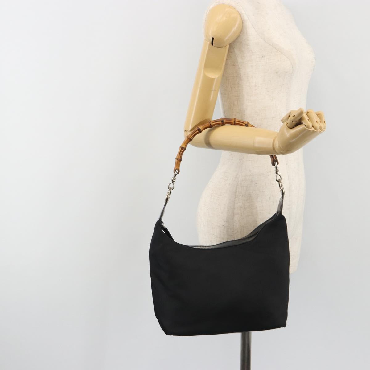 GUCCI Bamboo Hand Bag Nylon Black Silver Auth ep15413