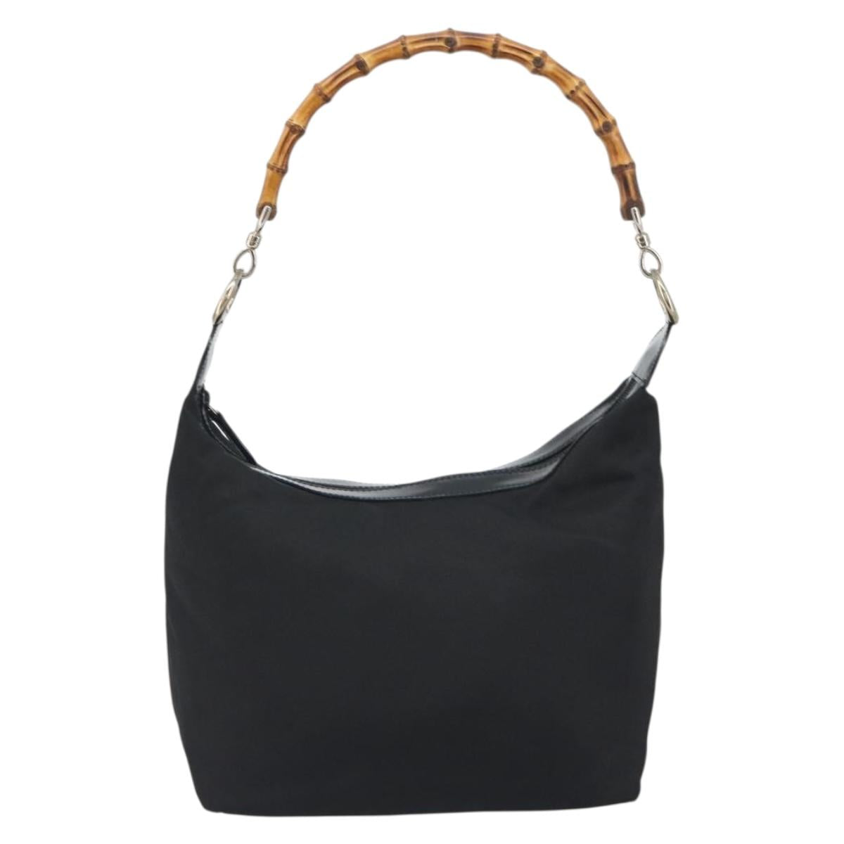 GUCCI Bamboo Hand Bag Nylon Black Silver Auth ep15413
