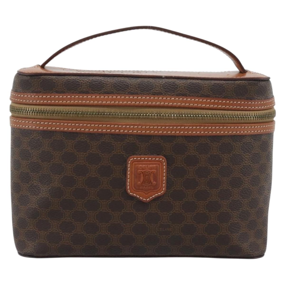 CELINE Macadam Vanity Cosmetic Pouch PVC Leather Brown Gold Tone Auth ep15416