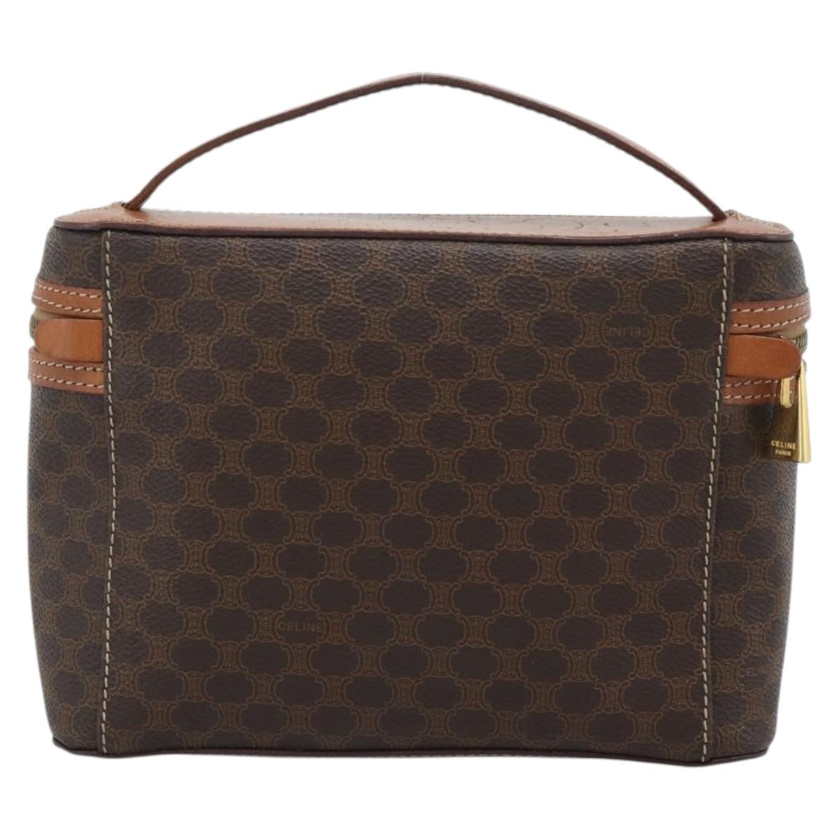 CELINE Macadam Vanity Cosmetic Pouch PVC Leather Brown Gold Tone Auth ep15416