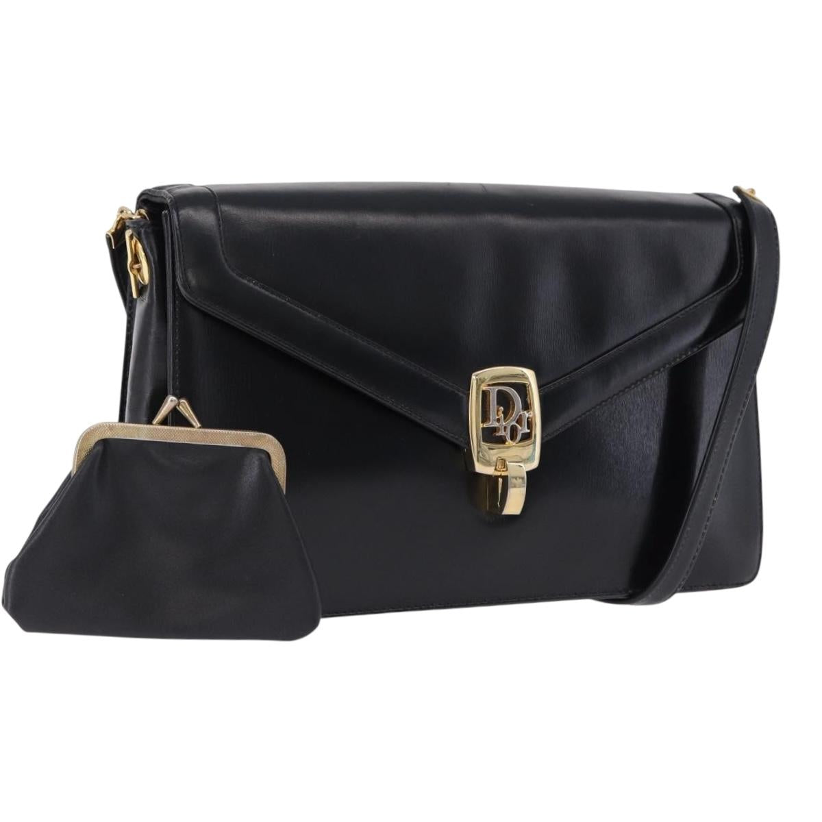 Christian Dior Shoulder Bag Leather Black Gold Tone Auth ep15419