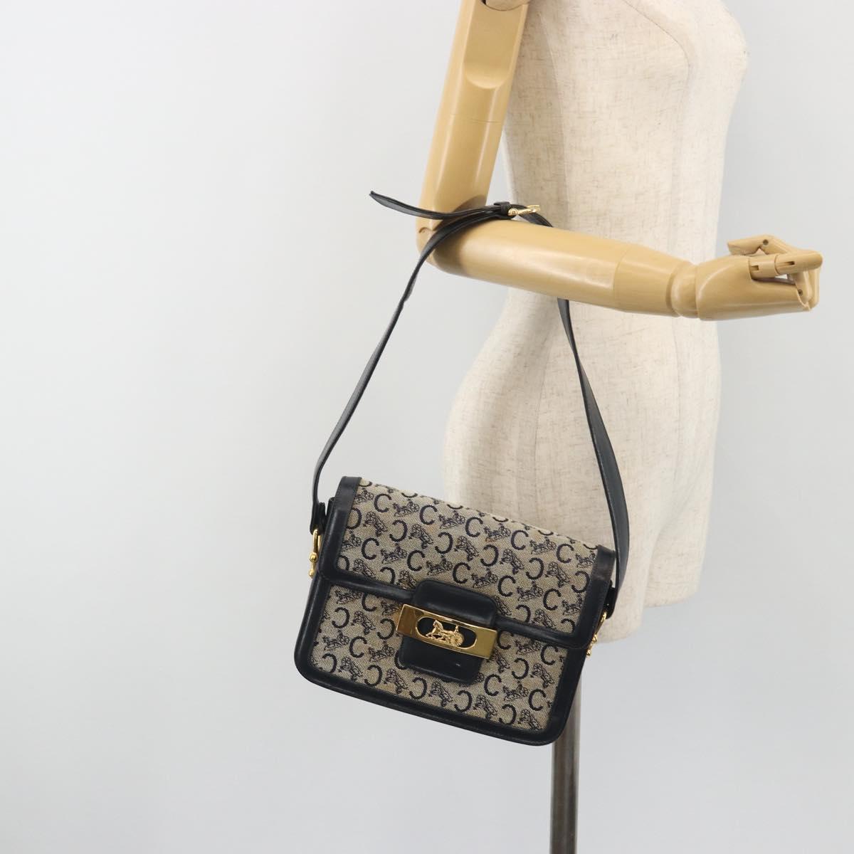 CELINE C Sulky Shoulder Bag Canvas Navy Gold Tone Auth ep15449