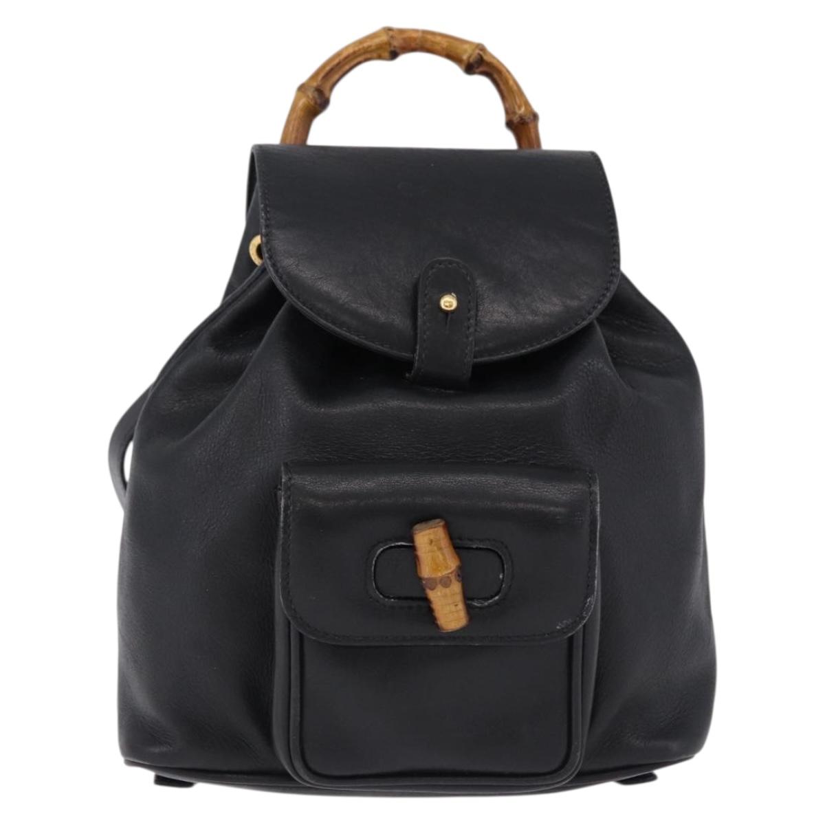 GUCCI Bamboo Backpack Leather Black Gold Tone 003 2034 0030 Auth ep15450