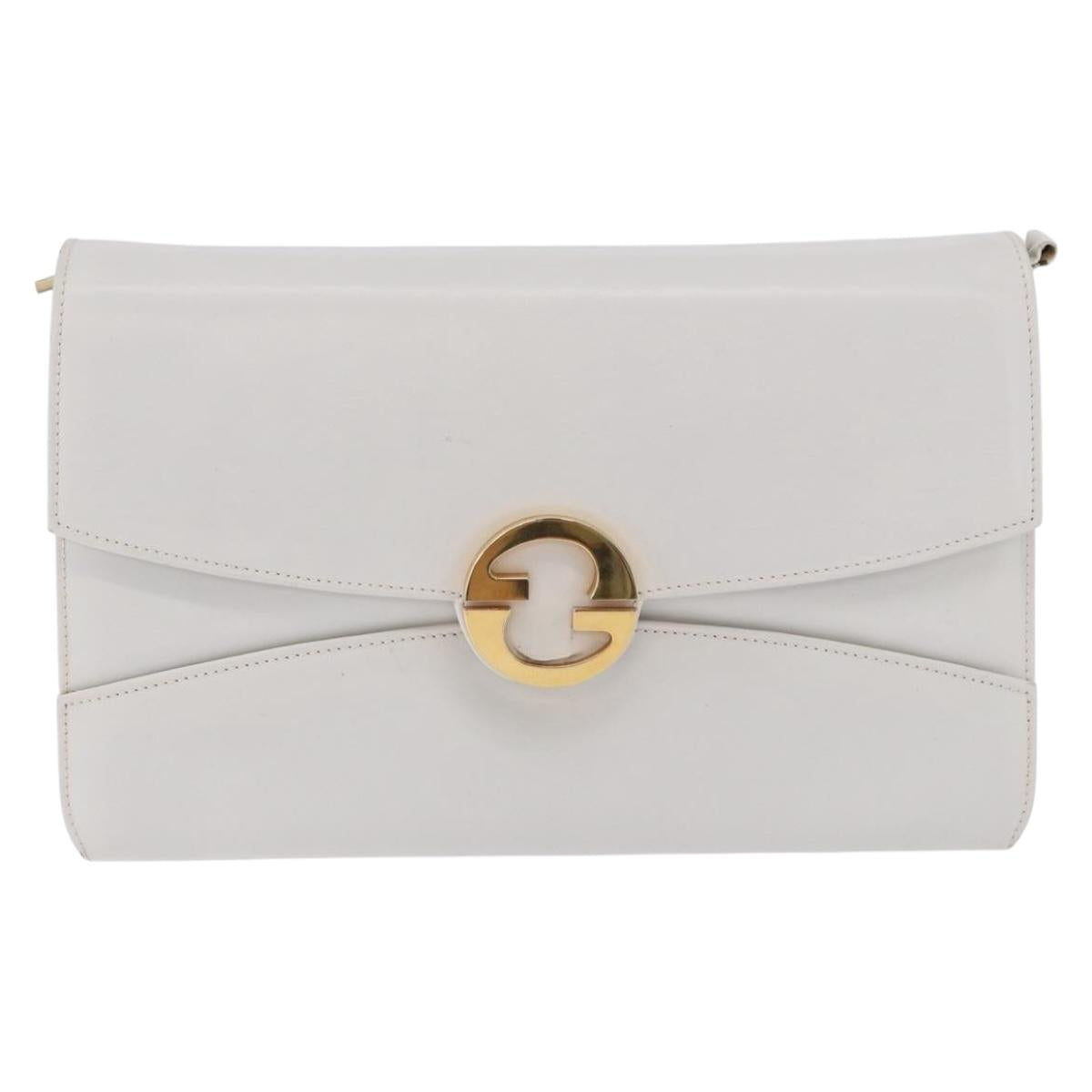 GUCCI Shoulder Bag Leather White Gold Tone Auth ep15453
