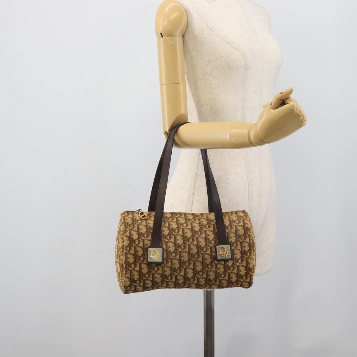 Christian Dior Trotter Canvas Hand Bag Beige Gold Tone Auth ep15481