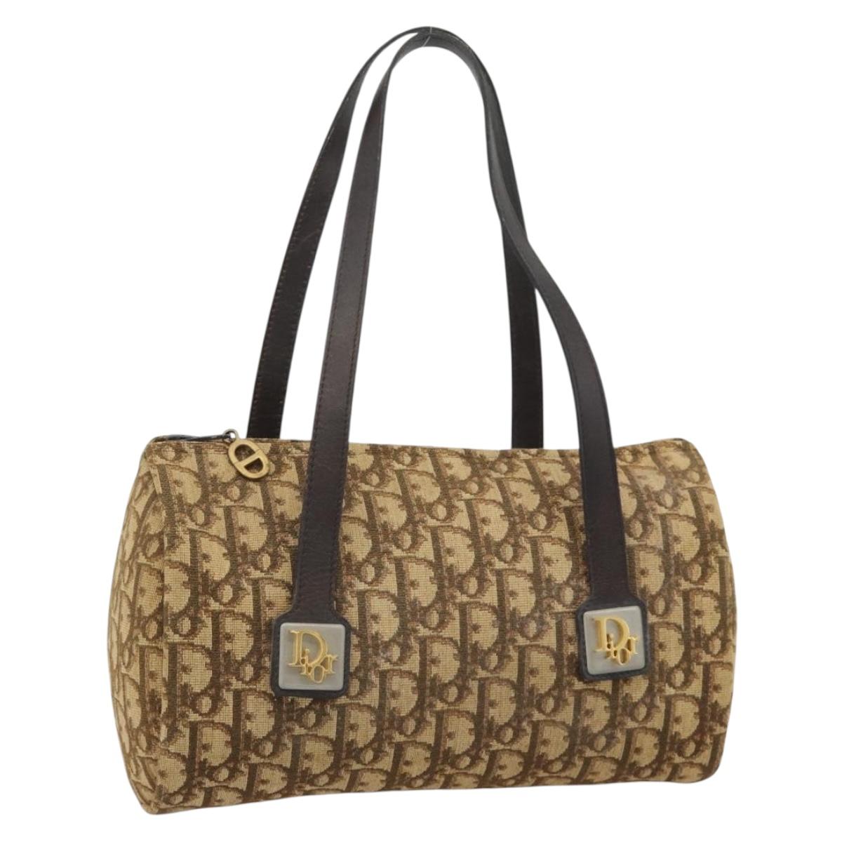 Christian Dior Trotter Canvas Hand Bag Beige Gold Tone Auth ep15481