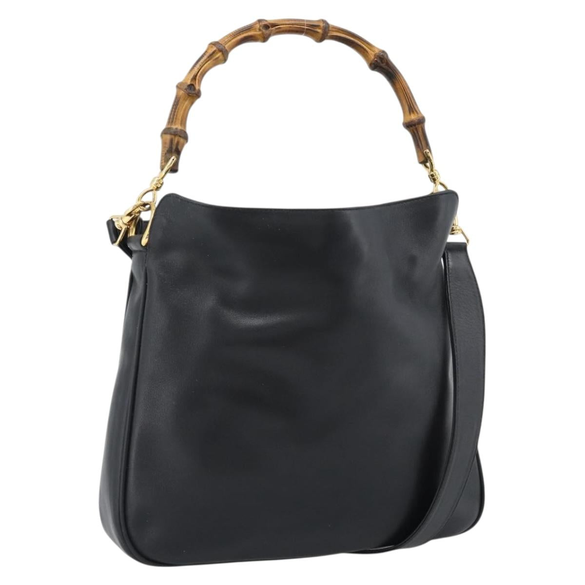 GUCCI Bamboo Shoulder Bag Leather 2way Black Gold 001 1705 1638 Auth ep15504