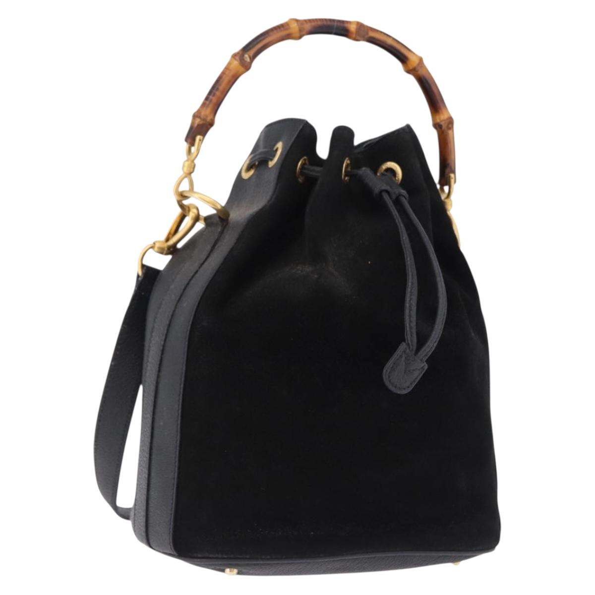 GUCCI Bamboo Purse Shoulder Bag Suede 2way Black Gold 001 2865 1657 Auth ep15527