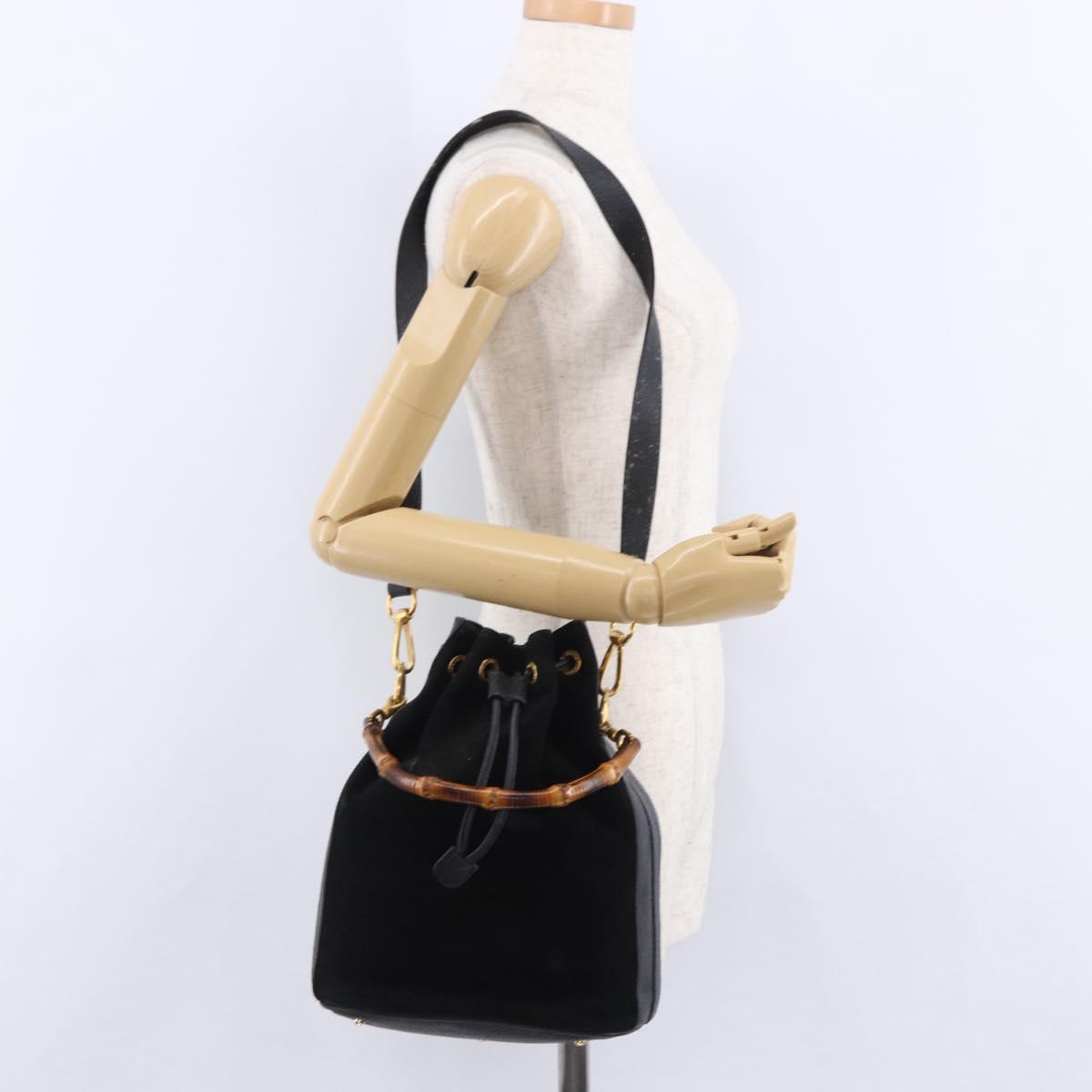 GUCCI Bamboo Purse Shoulder Bag Suede 2way Black Gold 001 2865 1657 Auth ep15527