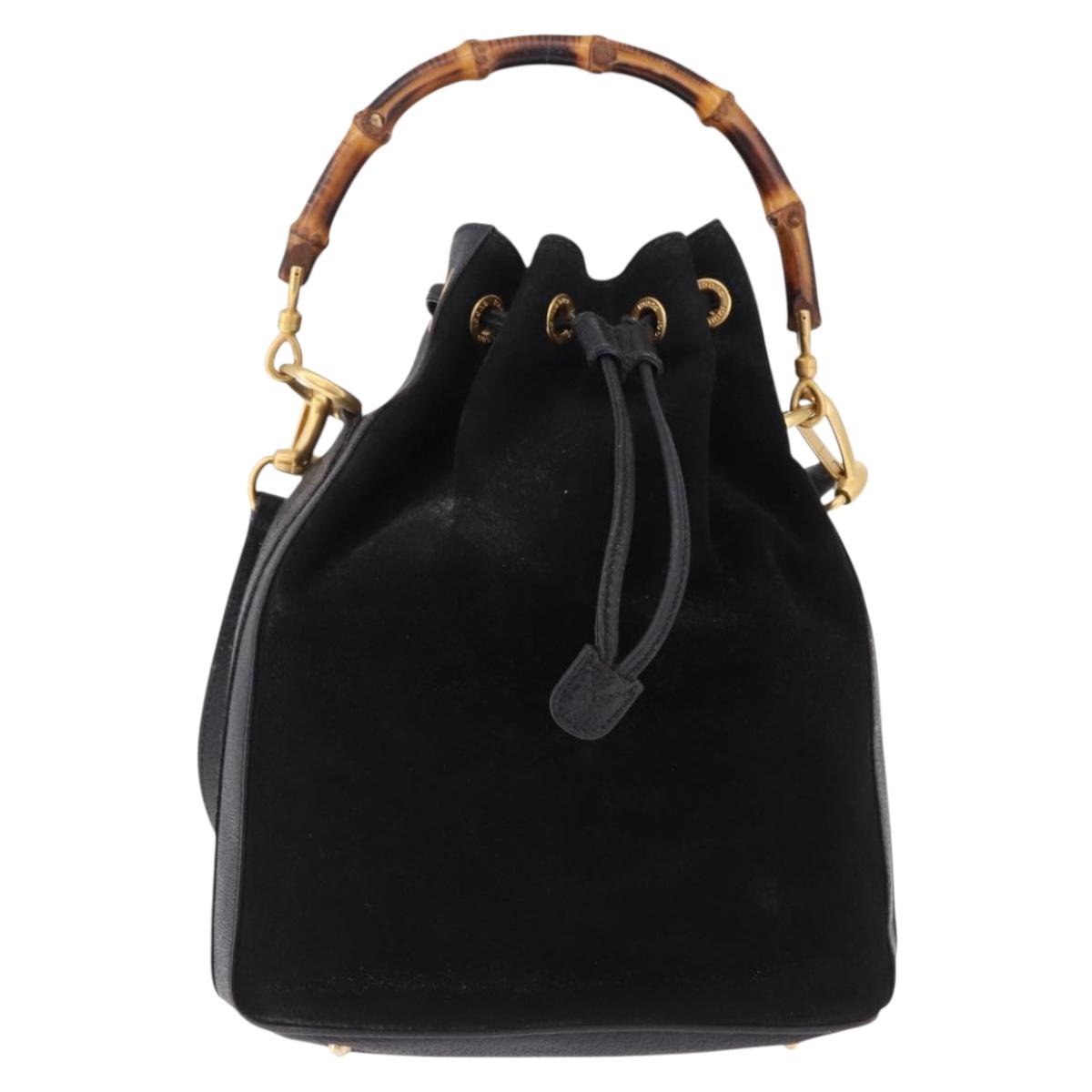 GUCCI Bamboo Purse Shoulder Bag Suede 2way Black Gold 001 2865 1657 Auth ep15527