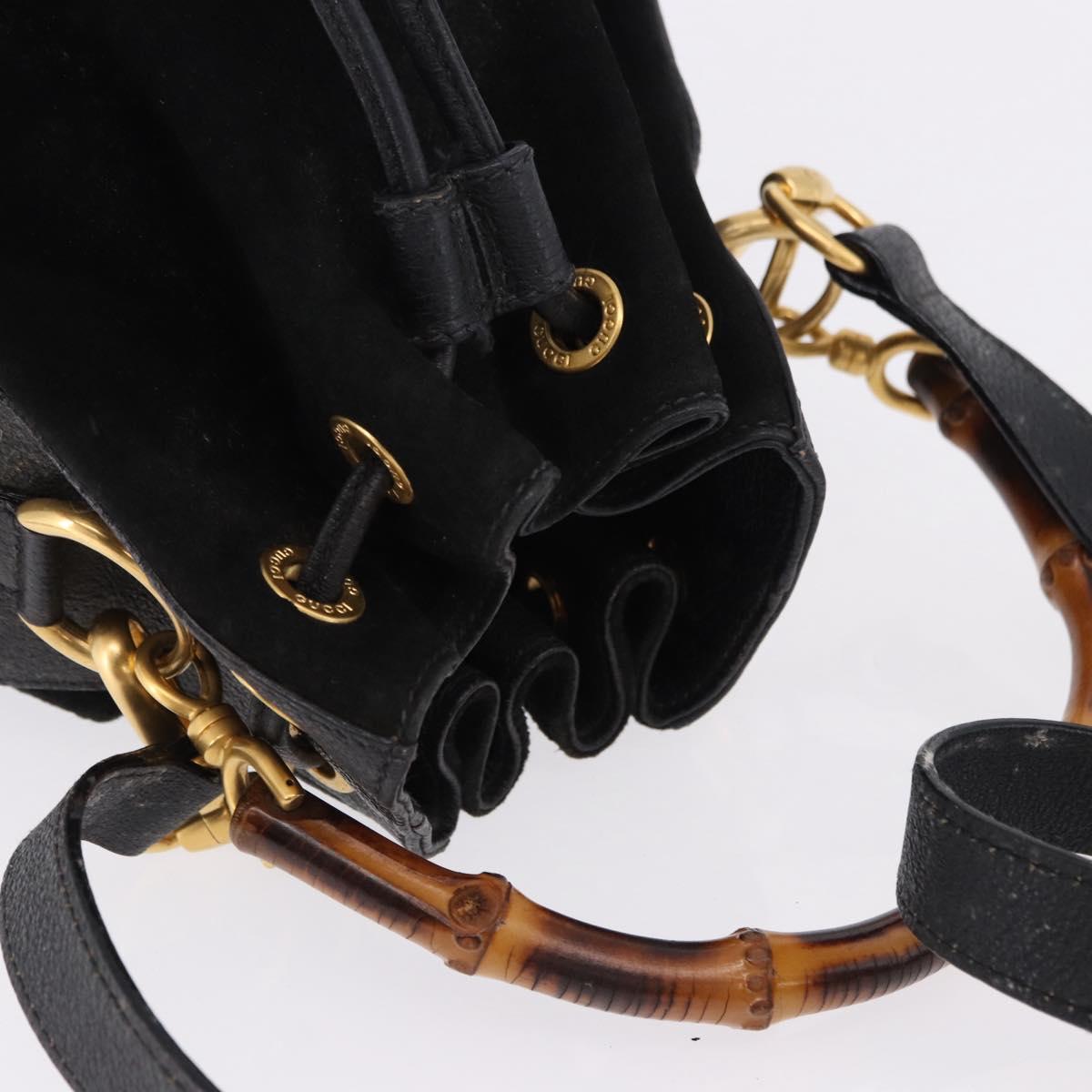 GUCCI Bamboo Purse Shoulder Bag Suede 2way Black Gold 001 2865 1657 Auth ep15527