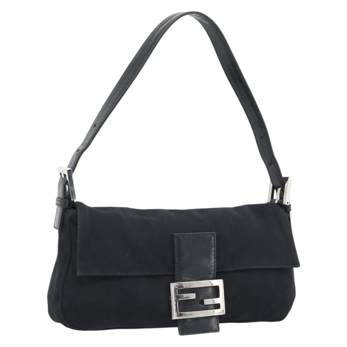 FENDI Mamma Baguette Shoulder Bag Cotton jersey Black Silver Auth ep15541