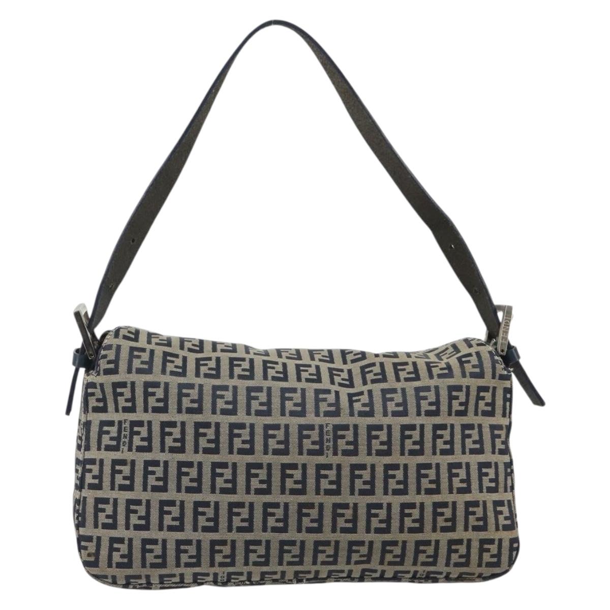 FENDI Zucchino Canvas Mamma Baguette Shoulder Bag Navy Silver Auth ep15548A