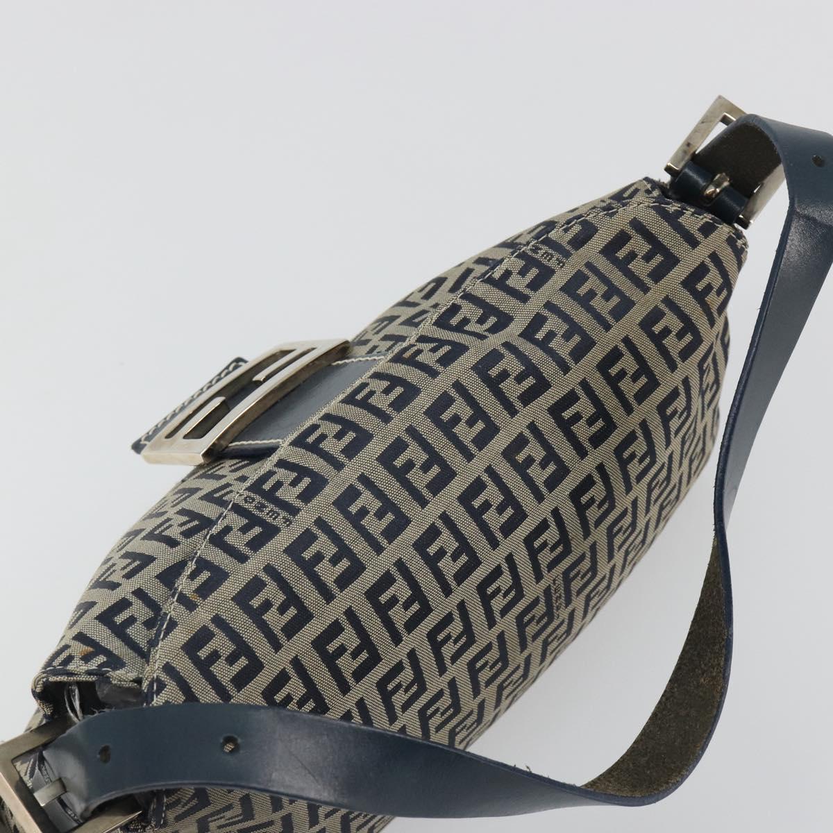 FENDI Zucchino Canvas Mamma Baguette Shoulder Bag Navy Silver Auth ep15548A