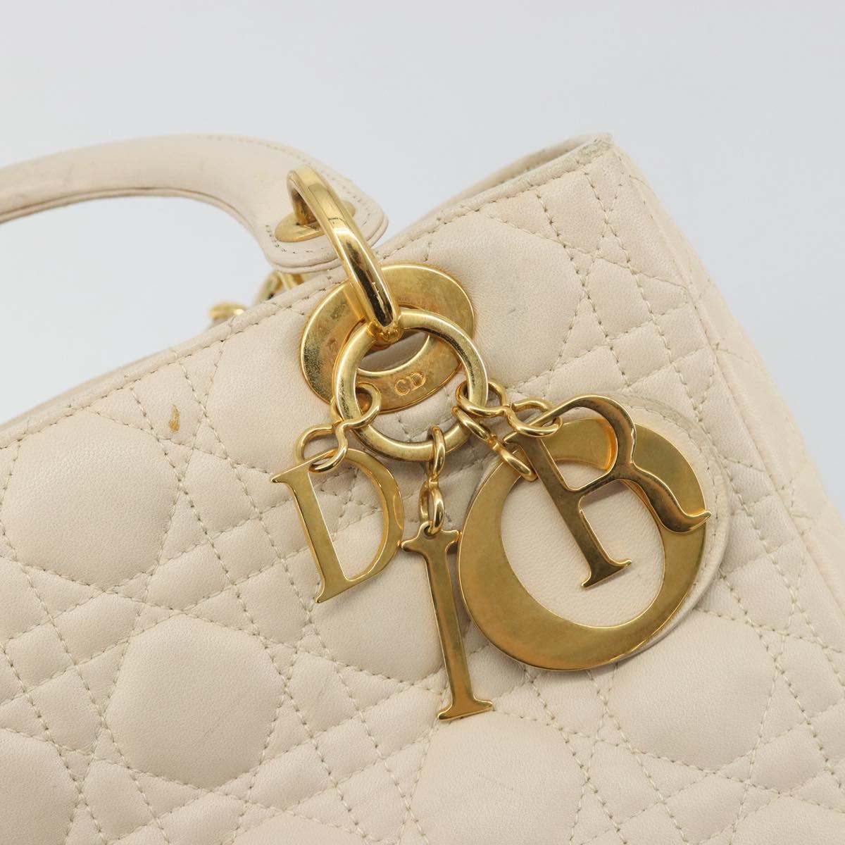 Christian Dior Lady Dior Canage Hand Bag Lamb Skin 2way White Gold Auth ep15557A
