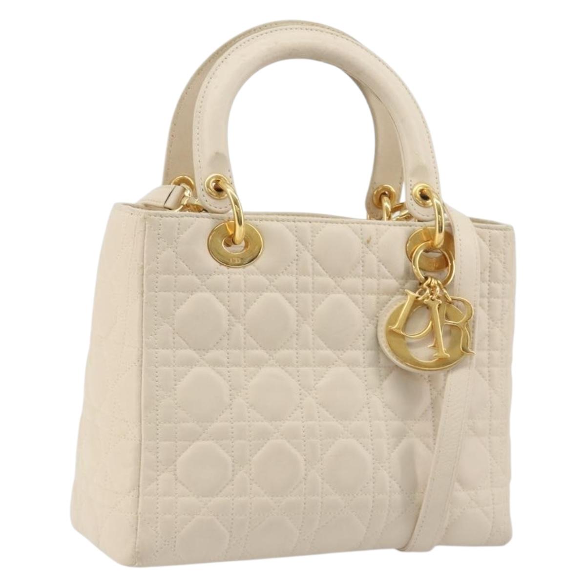 Christian Dior Lady Dior Canage Hand Bag Lamb Skin 2way White Gold Auth ep15557A