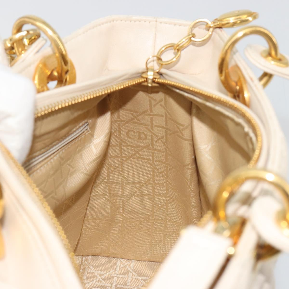 Christian Dior Lady Dior Canage Hand Bag Lamb Skin 2way White Gold Auth ep15557A