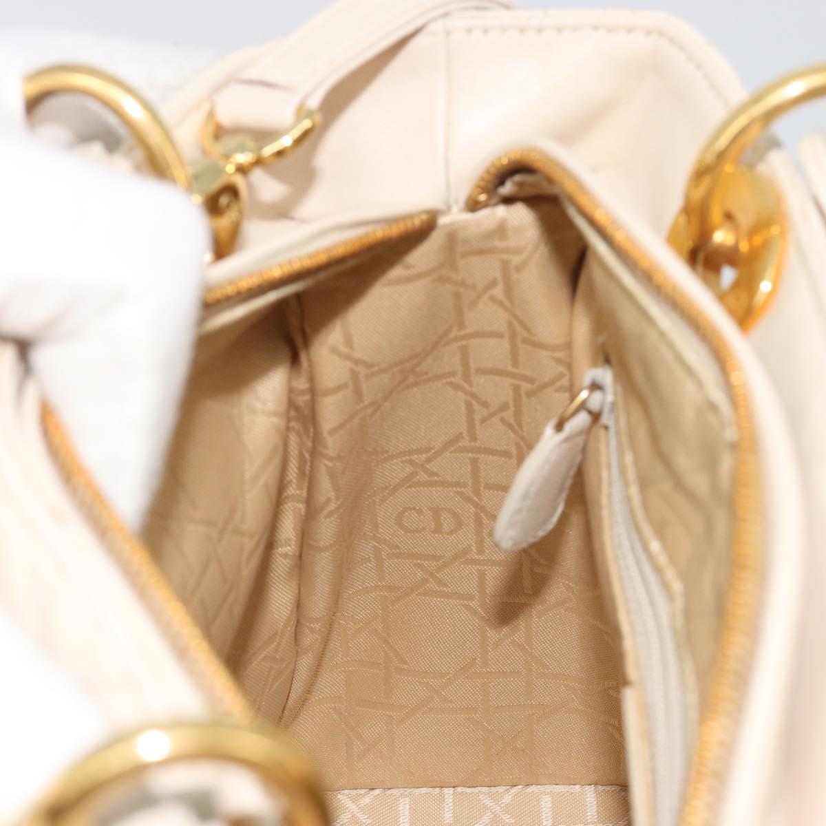 Christian Dior Lady Dior Canage Hand Bag Lamb Skin 2way White Gold Auth ep15557A