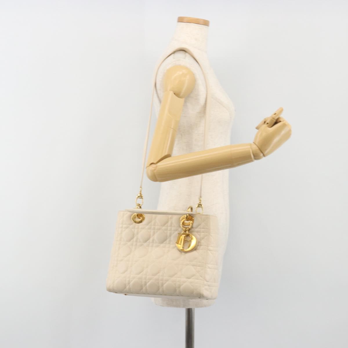 Christian Dior Lady Dior Canage Hand Bag Lamb Skin 2way White Gold Auth ep15557A