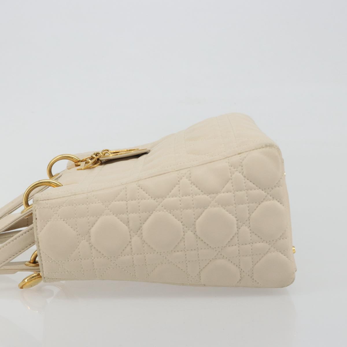 Christian Dior Lady Dior Canage Hand Bag Lamb Skin 2way White Gold Auth ep15557A