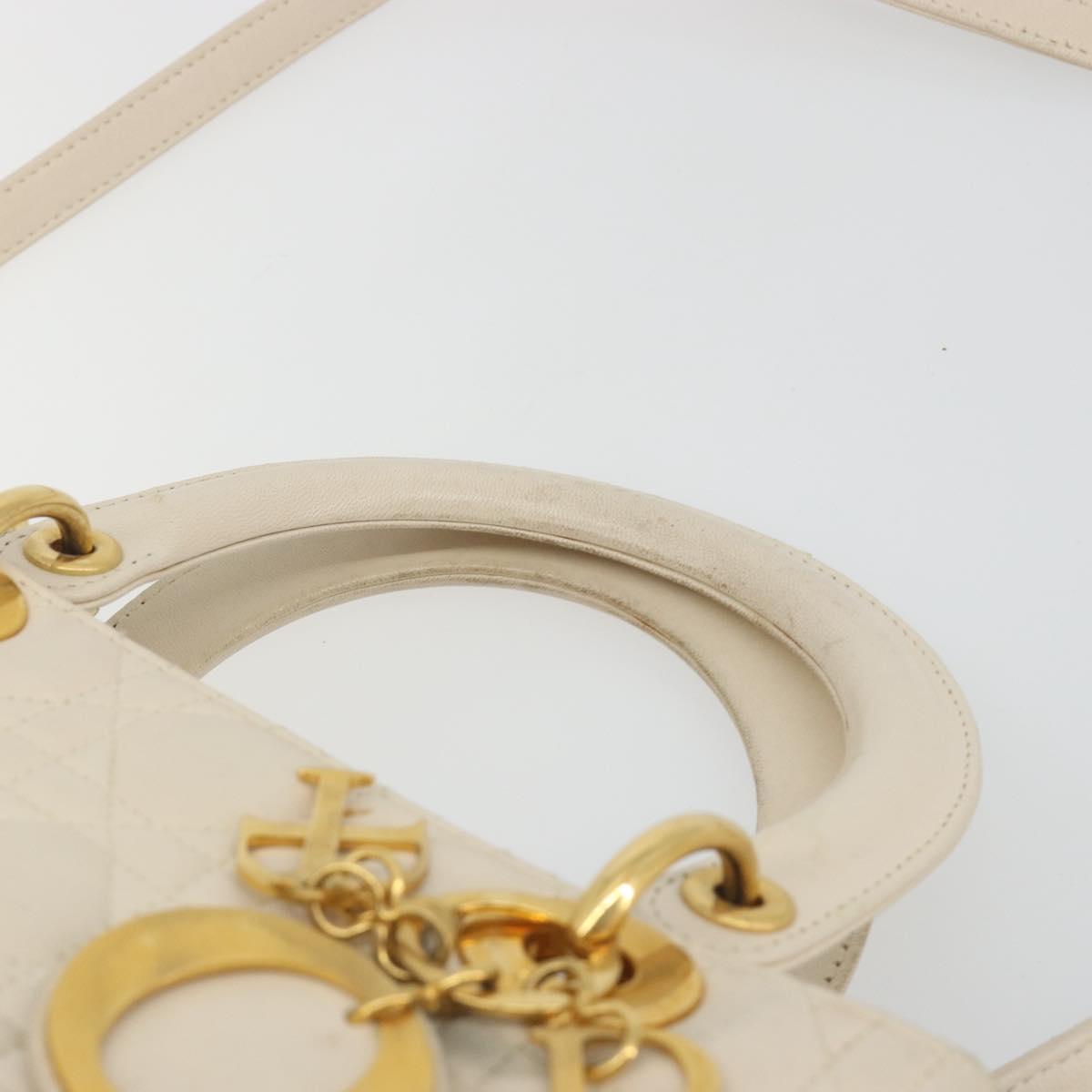 Christian Dior Lady Dior Canage Hand Bag Lamb Skin 2way White Gold Auth ep15557A