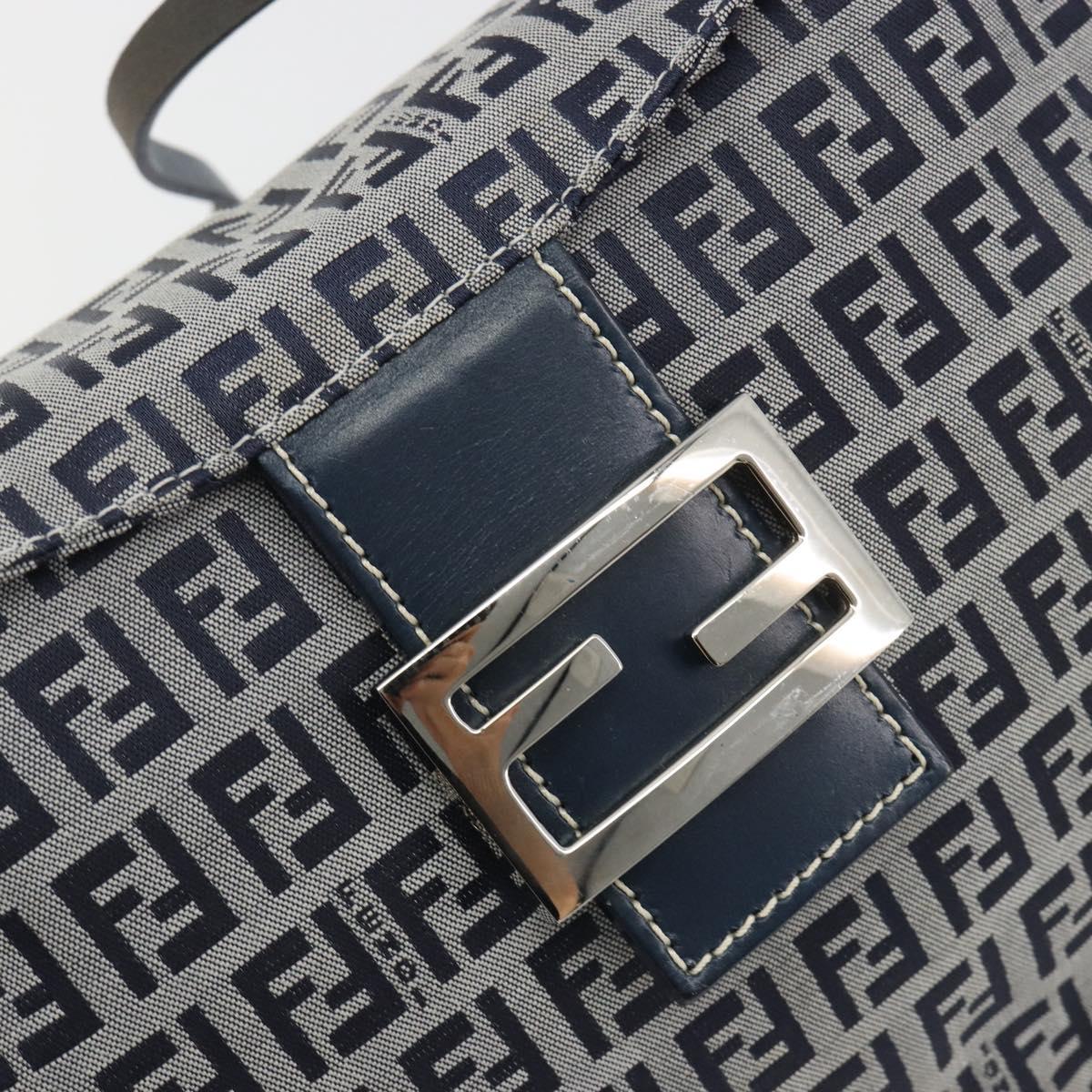 FENDI Zucchino Canvas Mamma Baguette Shoulder Bag Navy Silver Auth ep15583