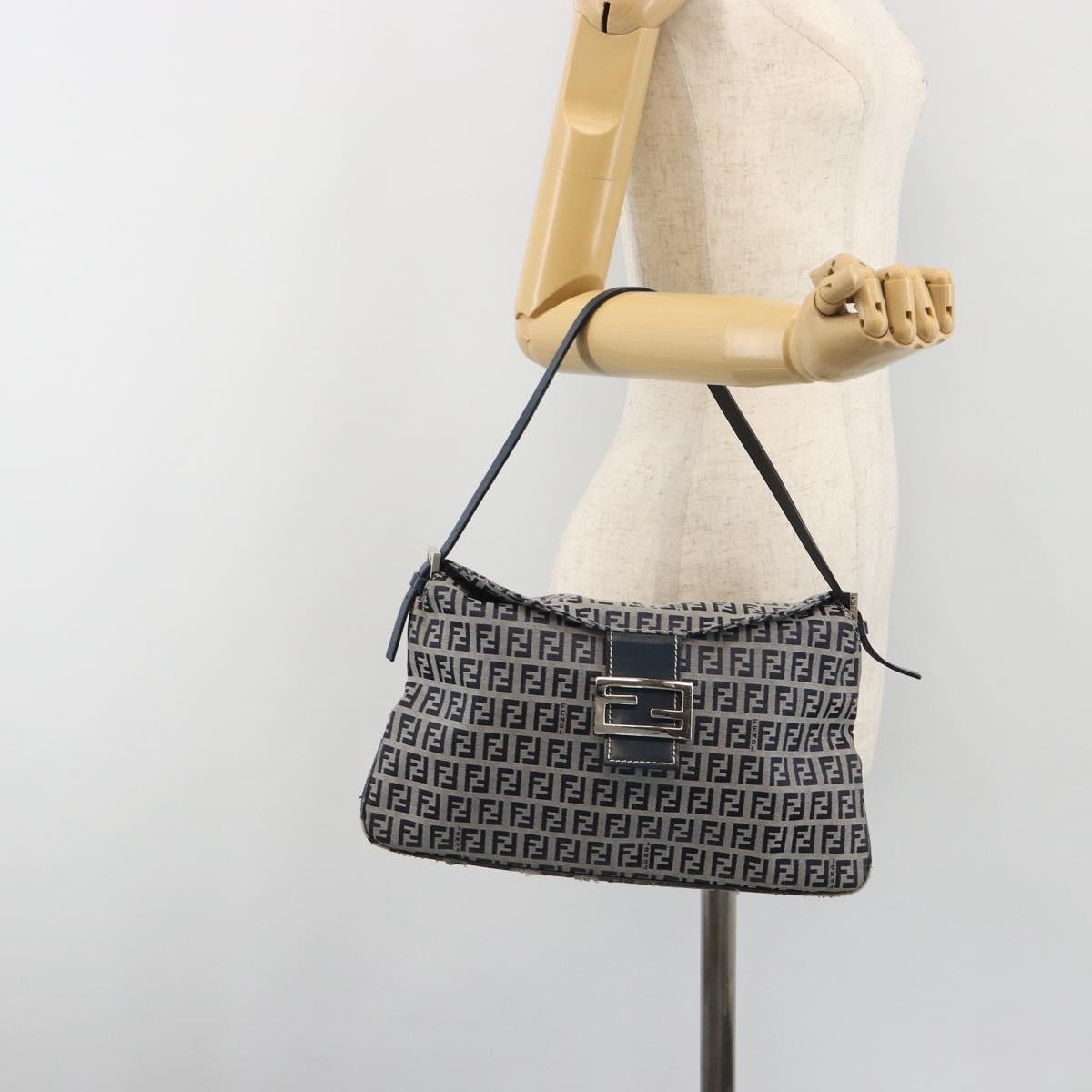 FENDI Zucchino Canvas Mamma Baguette Shoulder Bag Navy Silver Auth ep15583