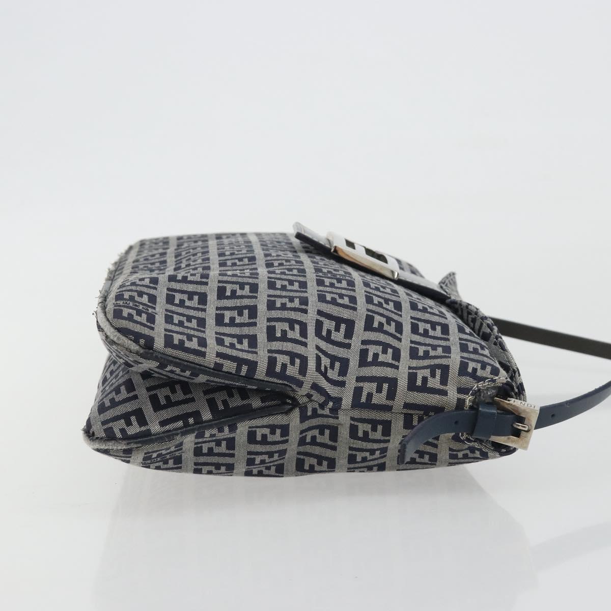FENDI Zucchino Canvas Mamma Baguette Shoulder Bag Navy Silver Auth ep15583